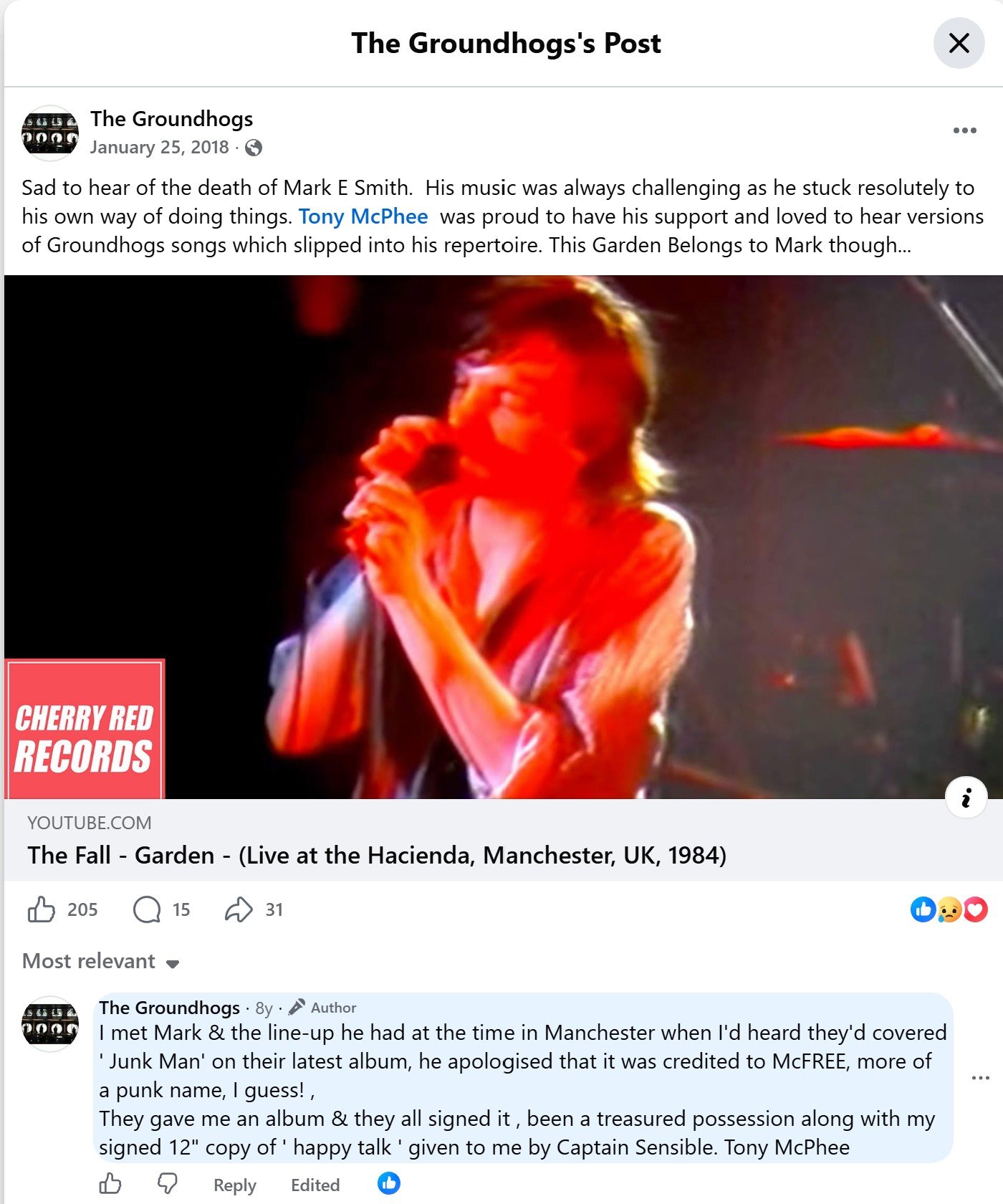 The Groundhogs Facebook page tribute to MES