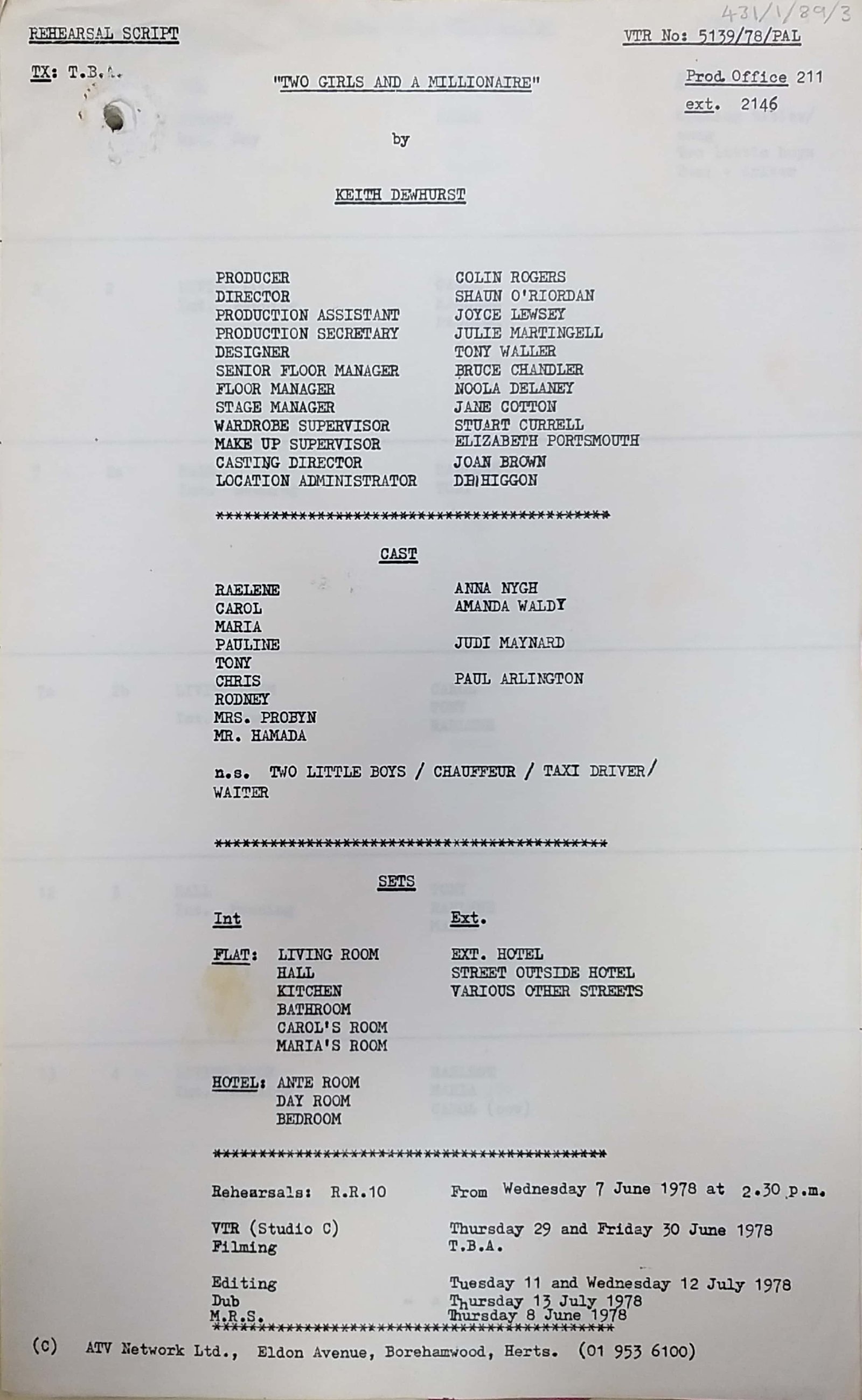 Cover sheet, "Two Girls and a Millionaire", by Keith Dewhurst. From the Dewhurst Papers, University of Sheffield Special Collections and Archives Repository.