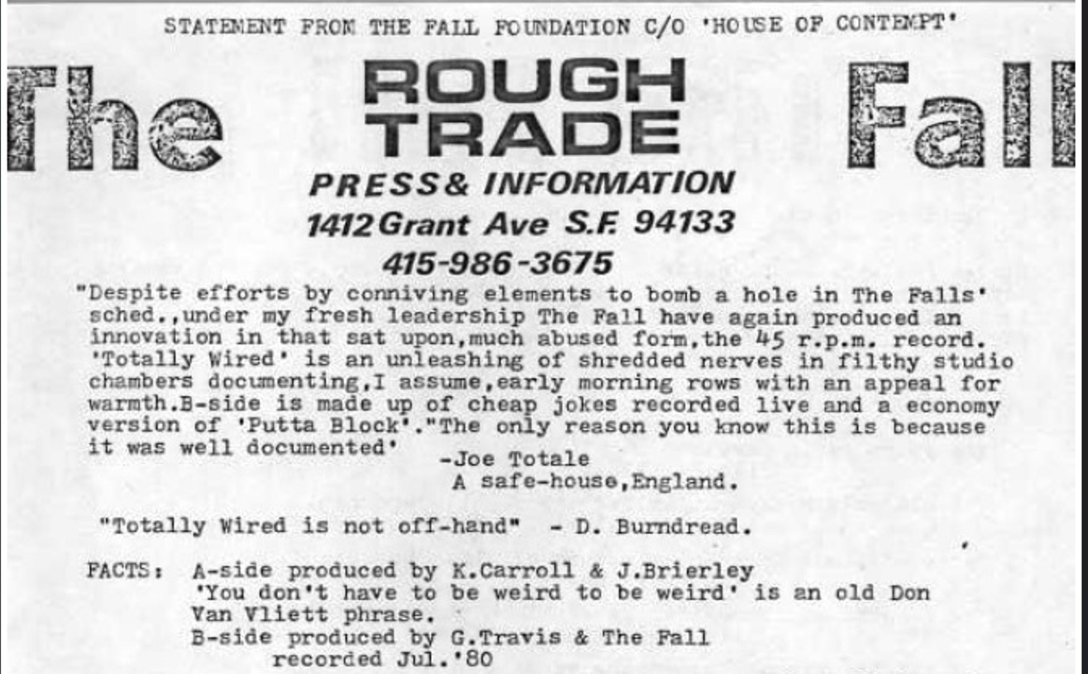 Rough Trade press release for Totally Wired