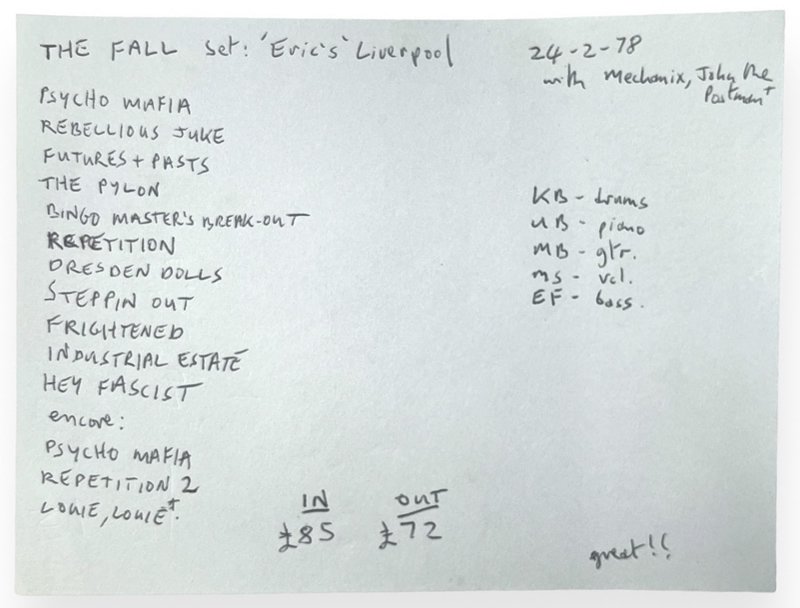 Setlist: Erics, Liverpool, 24 February 1978